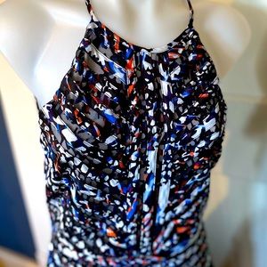 Parker Orion Mesh Stripe Fit & Flare Dress, Paint Spatter Print, Size Medium